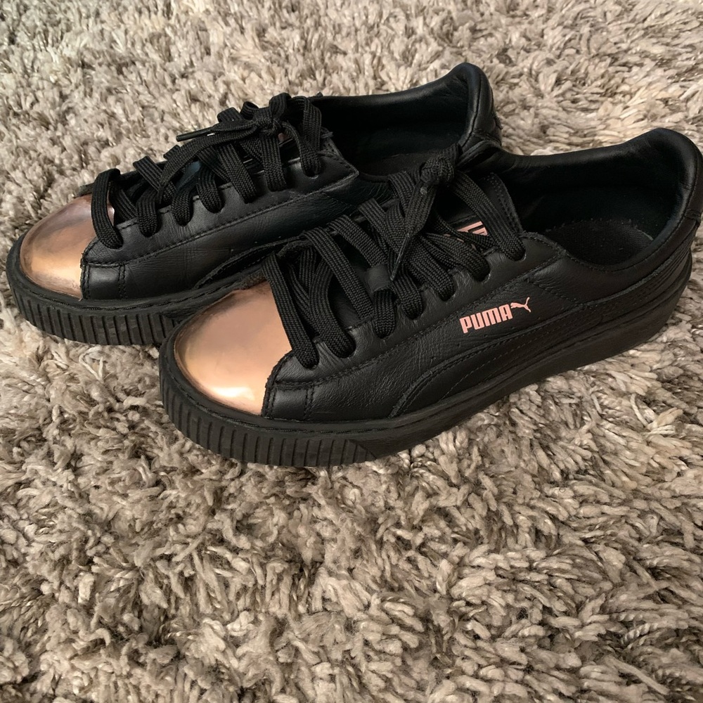 Black leather platform rose gold toe Puma platform sneakers